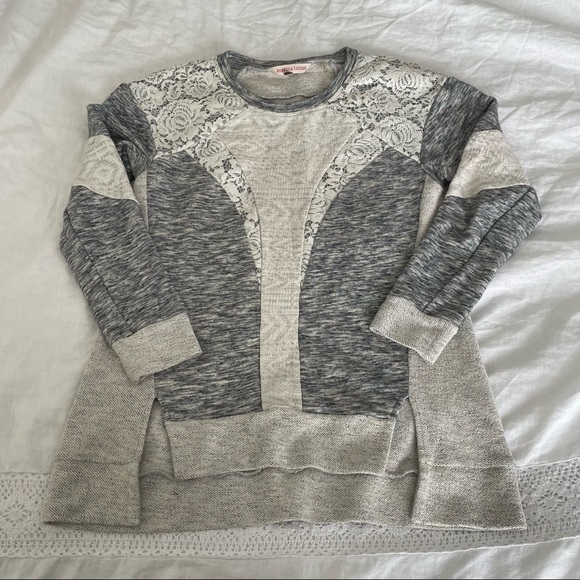 Rebecca Taylor SMALL marle Gray lace sweatshirt mixed media knit high low - Picture 1 of 7